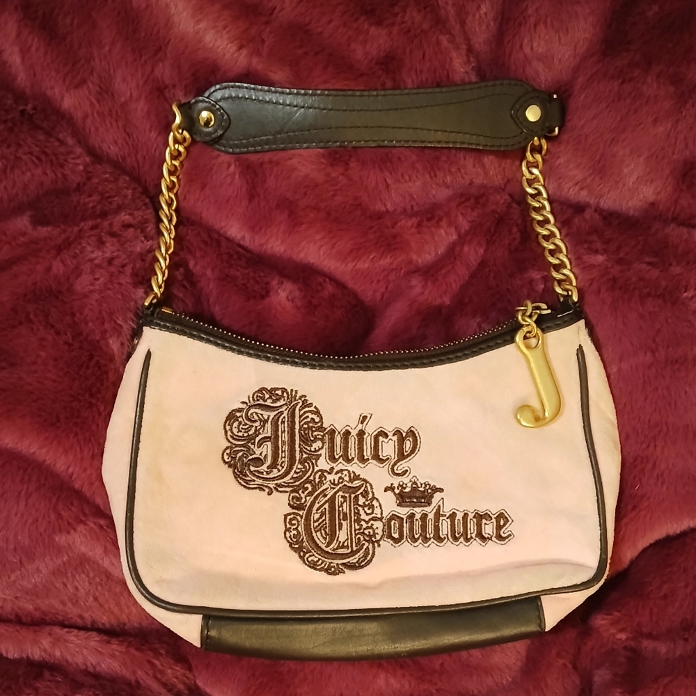Rare Vintage Y2K Juicy Couture Embroidered Pink Baguette Velour Bag.